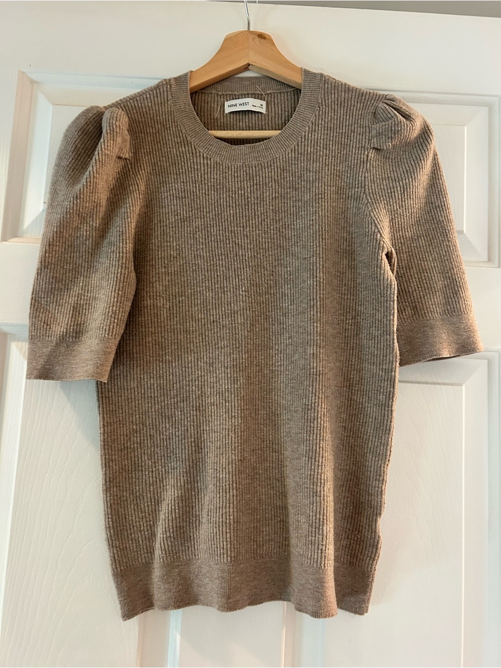 Nine West Ribbed Puff Sleeve Knit Top - Taupe